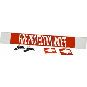 "Fire Protection Water" Pipe Marker - Plastic, White on Red, 8" - 20", 4", 24", 3-1/2", English, Fibreglass Carrier with Clips