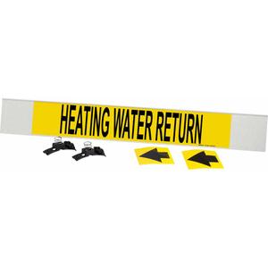 "Heating Water Return" Pipe Marker - Plastic, Black on Yellow, 8" - 20", 4", 24", 3-1/2", English, Fibreglass Carrier with Clips