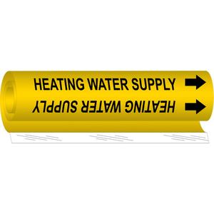 "Heating Water Supply" Pipe Marker - Plastic, Black on Yellow, 1/2" - 1-3/8", 5", 8", 1/2", English, Wrap-Around