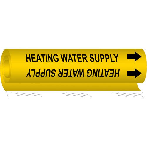 "Heating Water Supply" Pipe Marker - Plastic, Black on Yellow, 1-1/2" - 2-3/8", 9", 8", 3/4", English, Wrap-Around