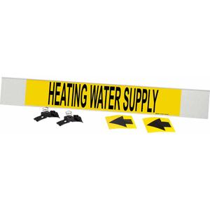 "Heating Water Supply" Pipe Marker - Plastic, Black on Yellow, 8" - 20", 4", 24", 3-1/2", English, Fibreglass Carrier with Clips