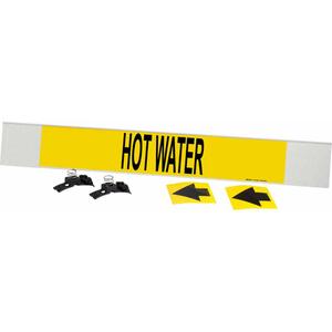 "Hot Water" Pipe Marker - Plastic, Black on Yellow, 8" - 20", 4", 24", 3-1/2", English, Fibreglass Carrier with Clips