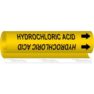 "Hydrochloric Acid" Pipe Marker - Plastic, Black on Yellow, 1-1/2" - 2-3/8", 9", 8", 3/4", English, Wrap-Around