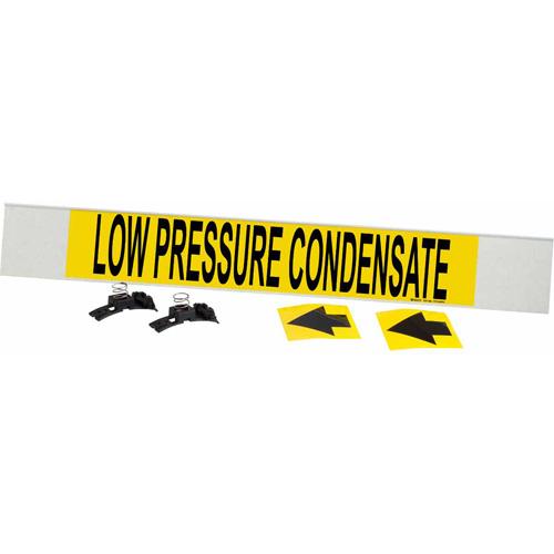"Low Pressure Condensate" Pipe Marker - Plastic, Black on Yellow, 8" - 20", 4", 24", 3-1/2", English, Fibreglass Carrier with Clips