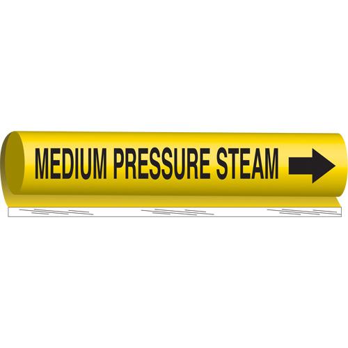 "Medium Pressure Steam" Pipe Marker - Plastic, Black on Yellow, 1-1/2" - 2-3/8", 9", 8", 3/4", English, Wrap-Around