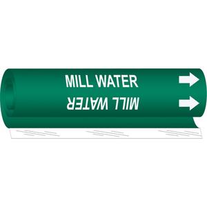 "Mill Water" Pipe Marker - Plastic, White on Green, 1-1/2" - 2-3/8", 9", 8", 3/4", English, Wrap-Around