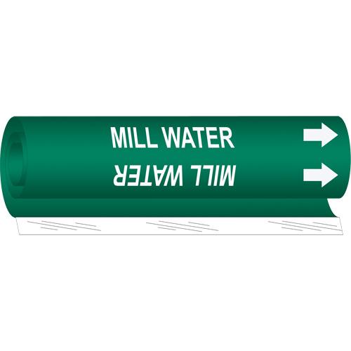 "Mill Water" Pipe Marker - Plastic, White on Green, 1-1/2" - 2-3/8", 9", 8", 3/4", English, Wrap-Around