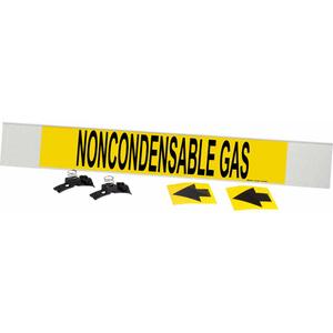 "Noncondensable Gas" Pipe Marker - Plastic, Black on Yellow, 8" - 20", 4", 24", 3-1/2", English, Fibreglass Carrier with Clips