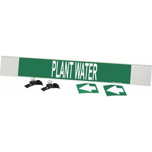 "Plant Water" Pipe Marker - Plastic, White on Green, 8" - 20", 4", 24", 3-1/2", English, Fibreglass Carrier with Clips