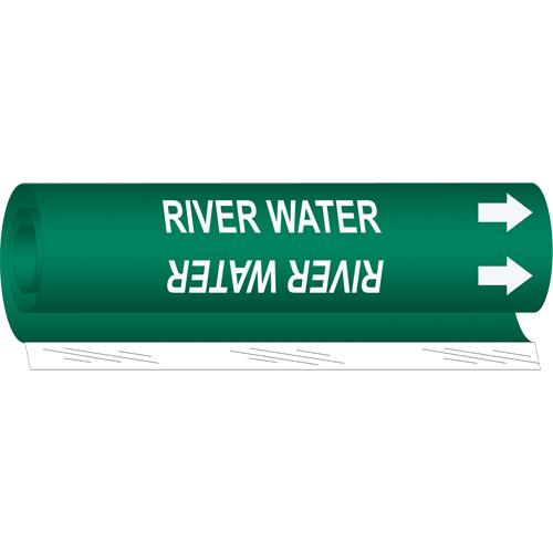 "River Water" Pipe Marker - Plastic, White on Green, 1-1/2" - 2-3/8", 9", 8", 3/4", English, Wrap-Around
