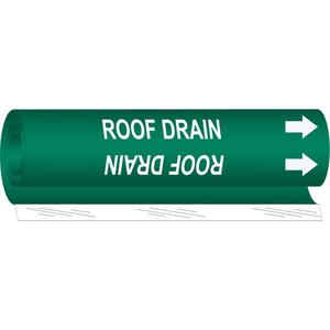 "Roof Drain" Pipe Marker - Plastic, White on Green, 1-1/2" - 2-3/8", 9", 8", 3/4", English, Wrap-Around