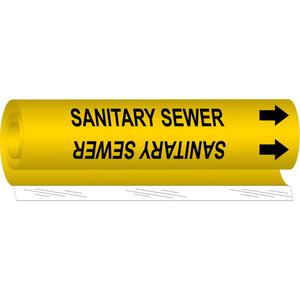 "Sanitary Sewer" Pipe Marker - Plastic, Black on Yellow, 1-1/2" - 2-3/8", 9", 8", 3/4", English, Wrap-Around