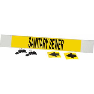 "Sanitary Sewer" Pipe Marker - Plastic, Black on Yellow, 8" - 20", 4", 24", 3-1/2", English, Fibreglass Carrier with Clips
