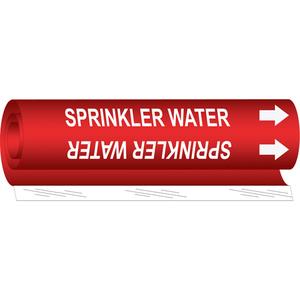 "Sprinkler Water" Pipe Marker - Plastic, White on Red, 1-1/2" - 2-3/8", 9", 8", 3/4", English, Wrap-Around
