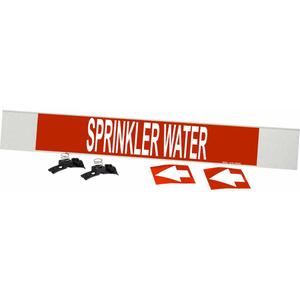 "Sprinkler Water" Pipe Marker - Plastic, White on Red, 8" - 20", 4", 24", 3-1/2", English, Fibreglass Carrier with Clips