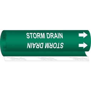 "Storm Drain" Pipe Marker - Plastic, White on Green, 1/2" - 1-3/8", 5", 8", 1/2", English, Wrap-Around