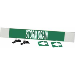 "Storm Drain" Pipe Marker - Plastic, White on Green, 8" - 20", 4", 24", 3-1/2", English, Fibreglass Carrier with Clips