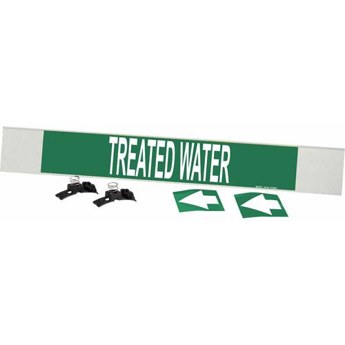 "Treated Water" Pipe Marker - Plastic, White on Green, 8" - 20", 4", 24", 3-1/2", English, Fibreglass Carrier with Clips
