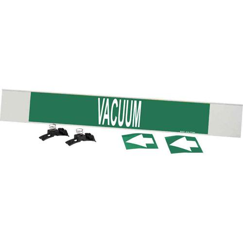 "Vacuum" Pipe Marker - Plastic, White on Green, 8" - 20", 4", 24", 3-1/2", English, Fibreglass Carrier with Clips