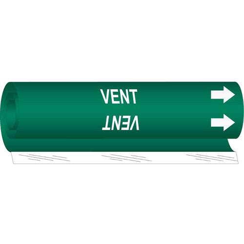 "Vent" Pipe Marker - Plastic, White on Green, 1-1/2" - 2-3/8", 9", 8", 3/4", English, Wrap-Around