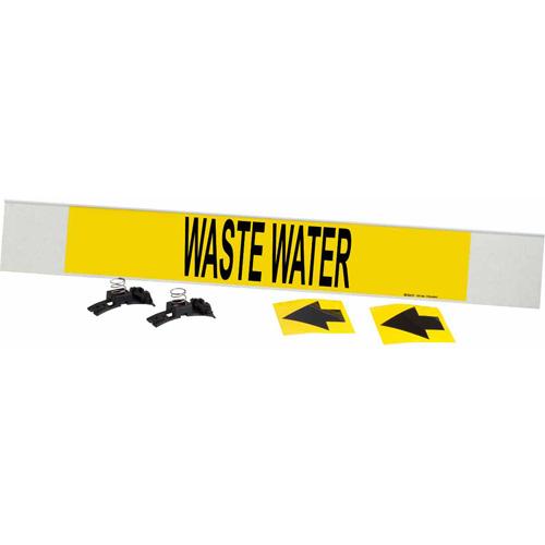 "Waste Water" Pipe Marker - Plastic, Black on Yellow, 8" - 20", 4", 24", 3-1/2", English, Fibreglass Carrier with Clips
