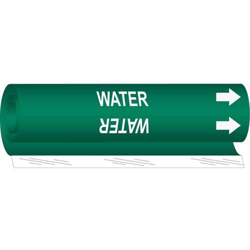 "Water" Pipe Marker - Plastic, White on Green, 1-1/2" - 2-3/8", 9", 8", 3/4", English, Wrap-Around
