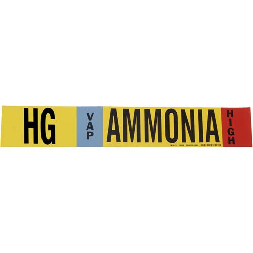 "HG Vap Ammonia High" Ammonia (IIAR) Pipe Marker - Plastic, Black on Yellow, 8" - 20", 4", 24", 3-1/2", English, Fibreglass Carrier with Clips, High, VAP, HG