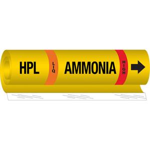 "HPL Liq Ammonia High" Ammonia (IIAR) Pipe Marker - Plastic, Black on Yellow, 1-1/2" - 2-3/8", 9", 8", 3/4", English, Wrap-Around, High, LIQ, HPL