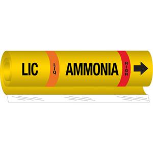 "LIC Liq Ammonia High" Ammonia (IIAR) Pipe Marker - Plastic, Black on Yellow, 1-1/2" - 2-3/8", 9", 8", 3/4", English, Wrap-Around, High, LIQ, LIC