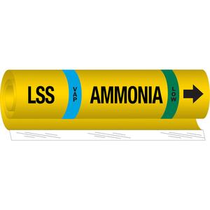 "LSS Vap Ammonia Low" Ammonia (IIAR) Pipe Marker - Plastic, Black on Yellow, 1-1/2" - 2-3/8", 9", 8", 3/4", English, Wrap-Around, Low, VAP, LSS