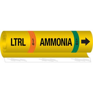 "LTRL Liq Ammonia Low" Ammonia (IIAR) Pipe Marker - Plastic, Black on Yellow, 1-1/2" - 2-3/8", 9", 8", 3/4", English, Wrap-Around, Low, LIQ, LTRL