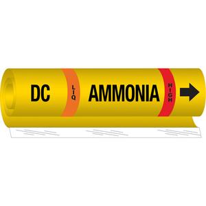 "DC Liq Ammonia High" Ammonia (IIAR) Pipe Marker - Plastic, Black on Yellow, 2-1/2" - 7-7/8", 26", 24", 1-1/4", English, Wrap-Around, High, LIQ, DC