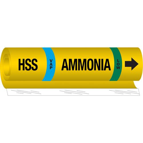 "HSS Vap Ammonia Low" Ammonia (IIAR) Pipe Marker - Plastic, Black on Yellow, 2-1/2" - 7-7/8", 26", 24", 1-1/4", English, Wrap-Around, Low, VAP, HSS