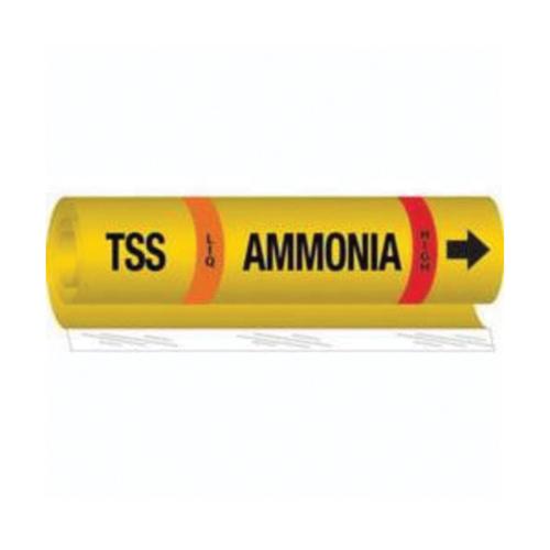 "TSS Liq Ammonia High" Ammonia (IIAR) Pipe Marker - Plastic, Black on Yellow, 2-1/2" - 7-7/8", 26", 24", 1-1/4", English, Wrap-Around, High, LIQ, TSS