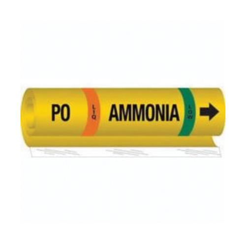"PO Liq Ammonia Low" Ammonia (IIAR) Pipe Marker - Plastic, Black on Yellow, 1-1/2" - 2-3/8", 9", 8", 3/4", English, Wrap-Around, Low, LIQ, PO