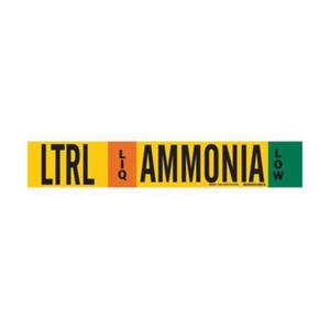 "LTRL Liq Ammonia Low" Ammonia (IIAR) Pipe Marker - Plastic, Black on Yellow, 8" - 20", 4", 24", 3-1/2", English, Fibreglass Carrier with Clips, Low, LIQ, LTRL