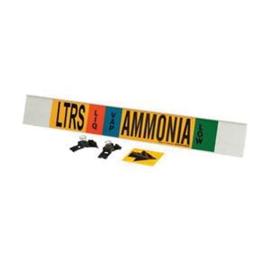 "LTRS Liq/Vap Ammonia Low" Ammonia (IIAR) Pipe Marker - Plastic, Black on Yellow, 8" - 20", 4", 24", 3-1/2", English, Fibreglass Carrier with Clips, Low, LIQ/VAP, LTRS