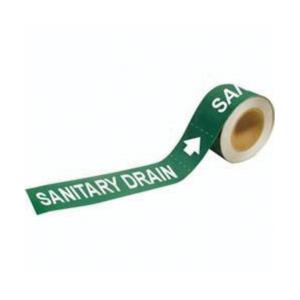 "Sanitary Drain" Pipe Markers - Plastic, White on Green, 2-1/2" - 6", 2", 12", 1-1/4", English, Self-Adhesive