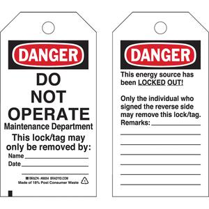 Lockout Tags - Cardstock, English, 3", 5-3/4", Danger Do Not Operate Maintenance Department