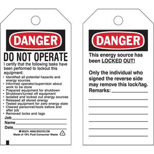 Lockout Tags - Cardstock, English, 3", 5-3/4", DO NOT OPERATE I certify that the following tasks have been performed ETC