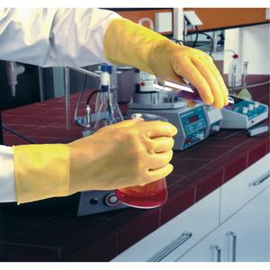Featherweight Plus Gloves - Small/7, Medium/8, 13", 17-mil, Rolled, Rubber Latex, Unlined, EN 374:2016-1 Type B/EN 374:2016-5 VIRUS, KLT, 144, Raised Diamond, Yellow