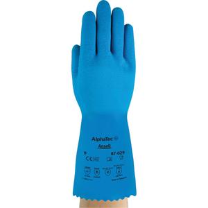 AlphaTec® 87-029 Gloves - Small/7, Medium/8, Large/9, X-Large/10, 12", 50-mil, Pinked, Rubber Latex, Nylon, EN 374:2016-1 Type A/EN 374:2016-2/EN 374:2016-5, AKLMPT, 120, Crinkle, Blue