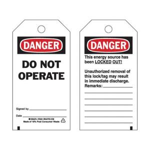 "Danger Do Not Operate" Safety Tags - English, Polyester, 3", 5-3/4", Package, Package, 25, Black/Red on White, Danger Do Not Operate