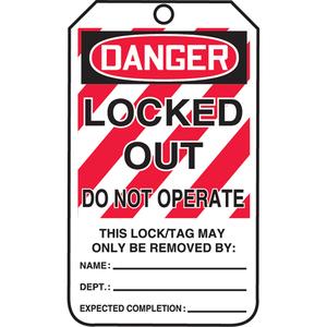 Tags By-The-Roll Lockout Tags - Cardstock, English, 3", 6-1/4", 3/8", 100, Danger Locked Out Do Not Operate, 6 5/8" x 6 5/8" x 3 5/8"