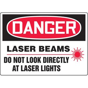 "Laser Beams" Sign - Plastic, Vinyl, Aluminum, 7", 10", Bolt-On, English with Pictogram, Specific Hazards, Danger; Laser Beam Do Not Look Directly At Laser Lights w/Pictogram