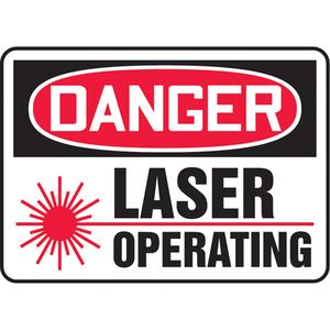 "Laser Operating" Sign - Vinyl, Plastic, Aluminum, 10", 14", Adhesive, English with Pictogram, Specific Hazards, Danger; Laser Operating w/Pictogram
