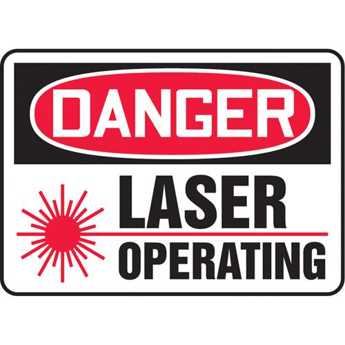 "Laser Beams" Sign - Vinyl, Plastic, Aluminum, 7", 10", Adhesive, English with Pictogram, Specific Hazards, Danger; Laser Operating w/Pictogram