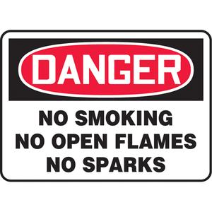 "No Smoking, No Open Flames, No Sparks" Sign - Vinyl, Plastic, Aluminum, 10", 14", Adhesive, English, Smoking Control, Danger; No Smoking No Open Flames No Sparks