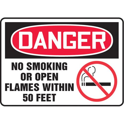 "No Smoking Or Open Flame" Sign - Vinyl, Plastic, Aluminum, 7", 10", Adhesive, English with Pictogram, Smoking Control, Danger; No Smoking or Open Flames Within 50 feet w/Pictogram