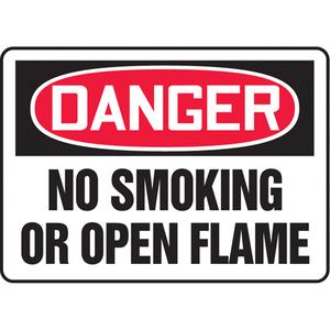 "No Smoking Or Open Flame" Sign - Vinyl, Plastic, Aluminum, 10", 14", Adhesive, English, Smoking Control, Danger; No Smoking Or Open Flame